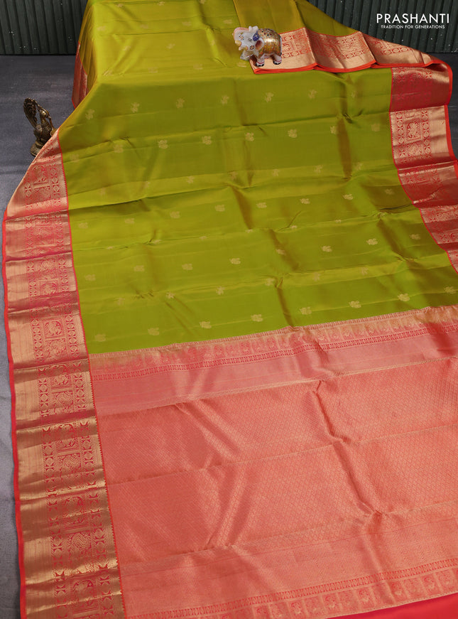 Pure kanchipuram silk saree lime green and orange with zari woven buttas and zari woven korvai border