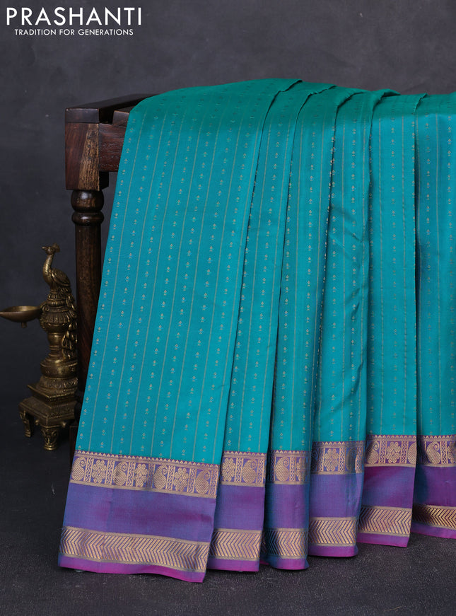Pure kanchipuram silk saree teal blue and pink with allover zari weaves & buttas and rettapet zari woven border