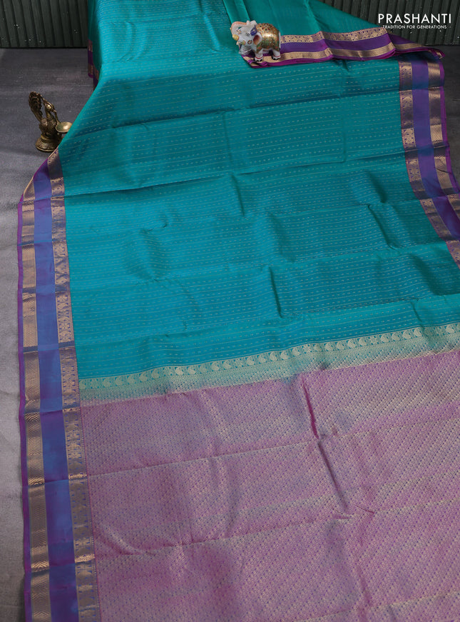 Pure kanchipuram silk saree teal blue and pink with allover zari weaves & buttas and rettapet zari woven border