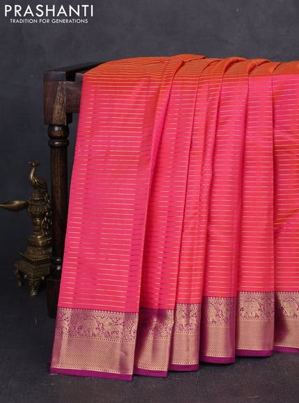 Pure kanchipuram silk saree dual shade of pinkish orange and pink with allover zari stripe pattern and zari woven border