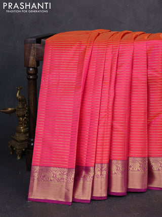 Pure kanchipuram silk saree dual shade of pinkish orange and pink with allover zari stripe pattern and zari woven border