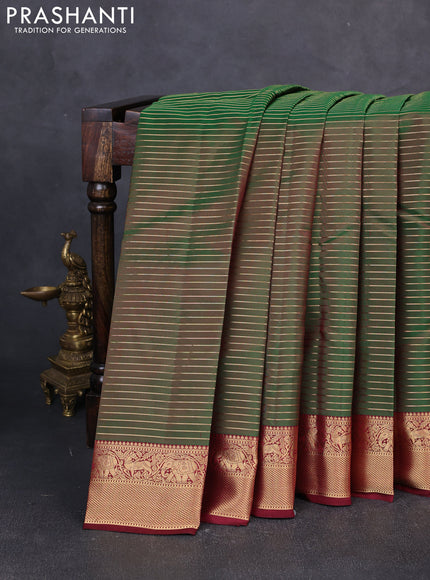 Pure kanchipuram silk saree green and deep maroon with allover zari stripe pattern and zari woven border