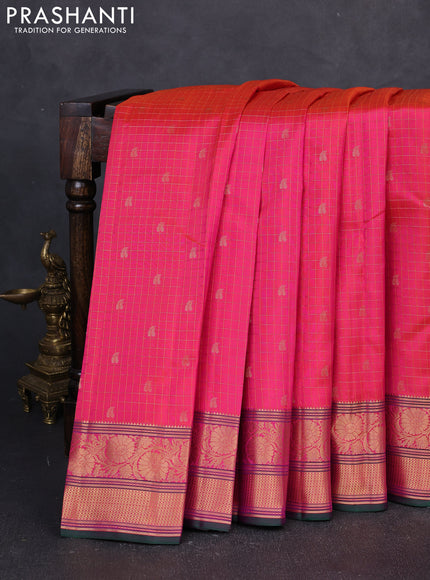 Pure kanchipuram silk saree pink and green with allover small zari checks & buttas and zari woven border