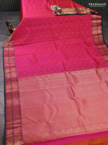 Pure kanchipuram silk saree pink and green with allover small zari checks & buttas and zari woven border