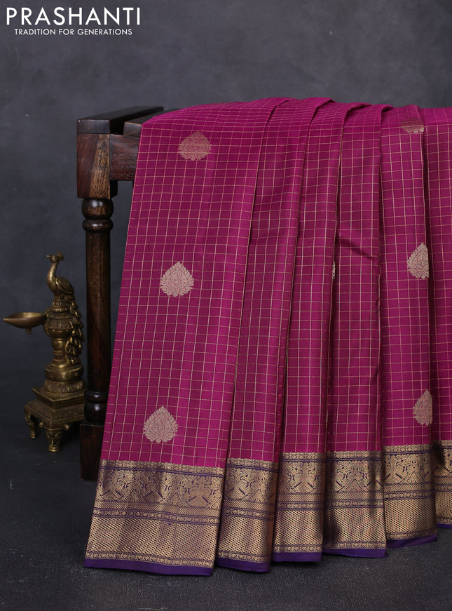 Pure kanchipuram silk saree magenta pink and violet with allover zari checks & buttas and zari woven border