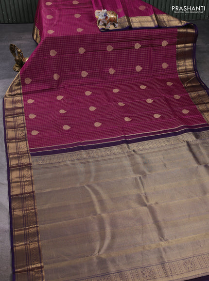 Pure kanchipuram silk saree magenta pink and violet with allover zari checks & buttas and zari woven border