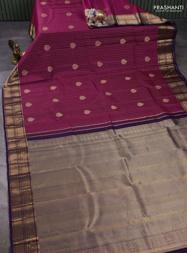 Pure kanchipuram silk saree magenta pink and violet with allover zari checks & buttas and zari woven border