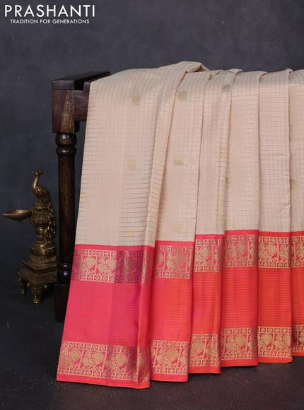 Pure kanchipuram silk saree cream and orange with allover zari checks & buttas and long rettapet zari woven border