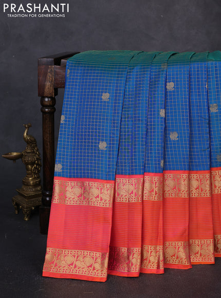Pure kanchipuram silk saree cs blue and orange with allover zari checks & buttas and long rettapet zari woven border