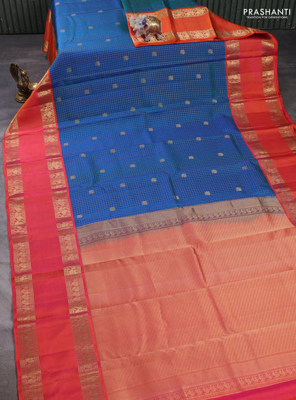 Pure kanchipuram silk saree cs blue and orange with allover zari checks & buttas and long rettapet zari woven border