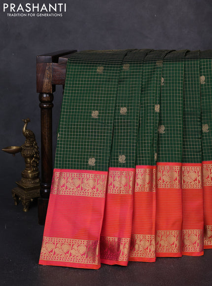 Pure kanchipuram silk saree bottle green and orange with allover zari checks & buttas and long rettapet zari woven border