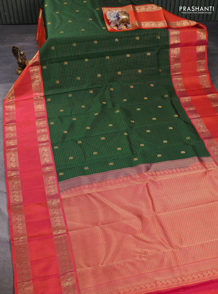 Pure kanchipuram silk saree bottle green and orange with allover zari checks & buttas and long rettapet zari woven border