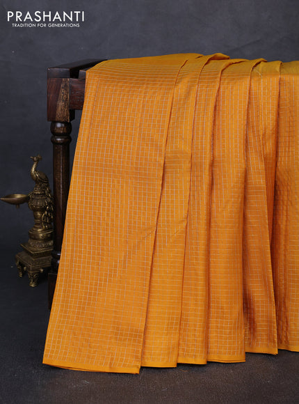 Pure kanchipuram silk saree dark mustard with half & half style and long zari woven checked border