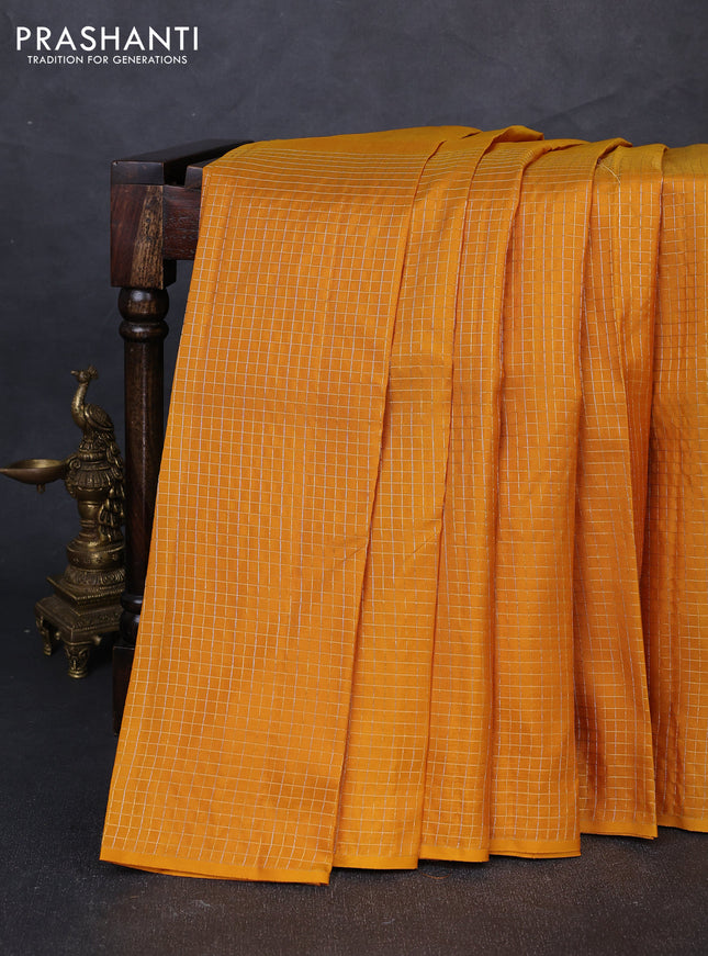Pure kanchipuram silk saree dark mustard with half & half style and long zari woven checked border