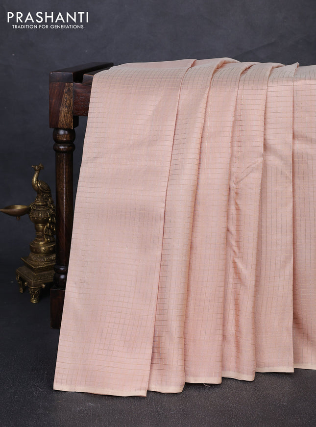 Pure kanchipuram silk saree beige with half & half style and long zari woven checked border