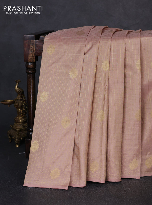 Pure kanchipuram silk saree sandal with allover small zari checks & buttas in borderless style