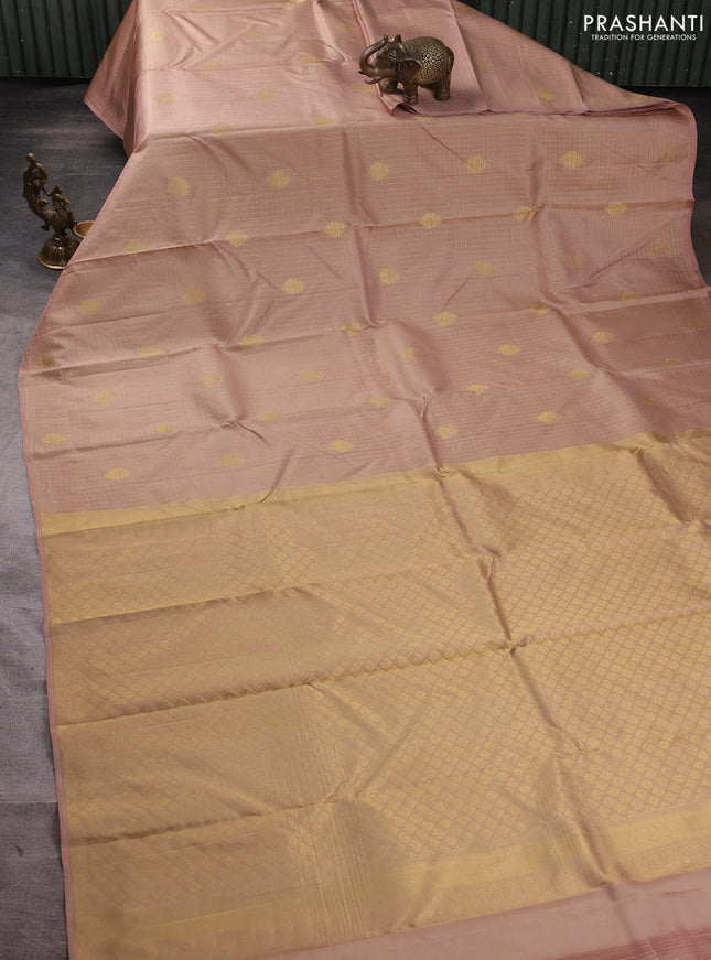 Pure kanchipuram silk saree sandal with allover small zari checks & buttas in borderless style