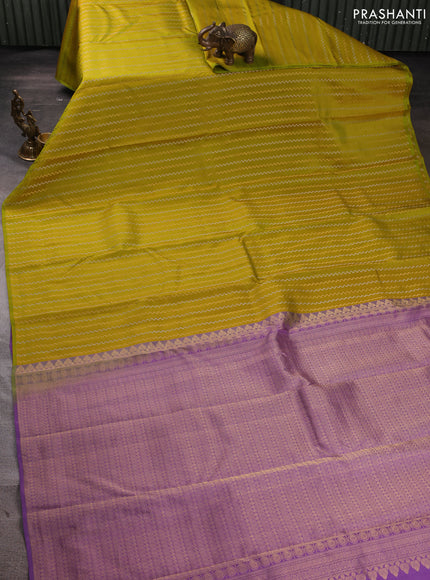 Pure kanchipuram silk saree lime green and lavender with allover silver & gold zari weaves in borderless style