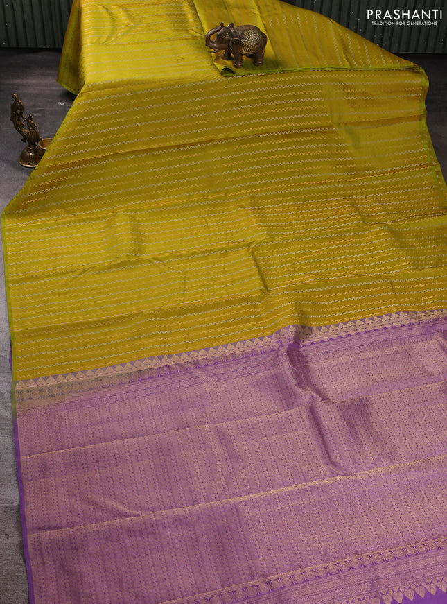 Pure kanchipuram silk saree lime green and lavender with allover silver & gold zari weaves in borderless style