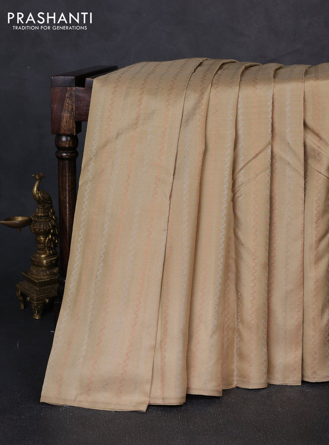 Pure kanchipuram silk saree beige and purple with allover silver & gold zari weaves in borderless style