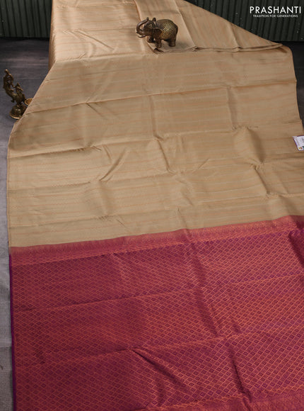 Pure kanchipuram silk saree beige and purple with allover silver & gold zari weaves in borderless style