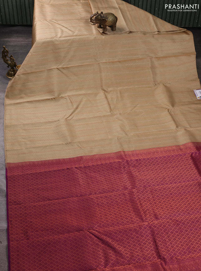 Pure kanchipuram silk saree beige and purple with allover silver & gold zari weaves in borderless style