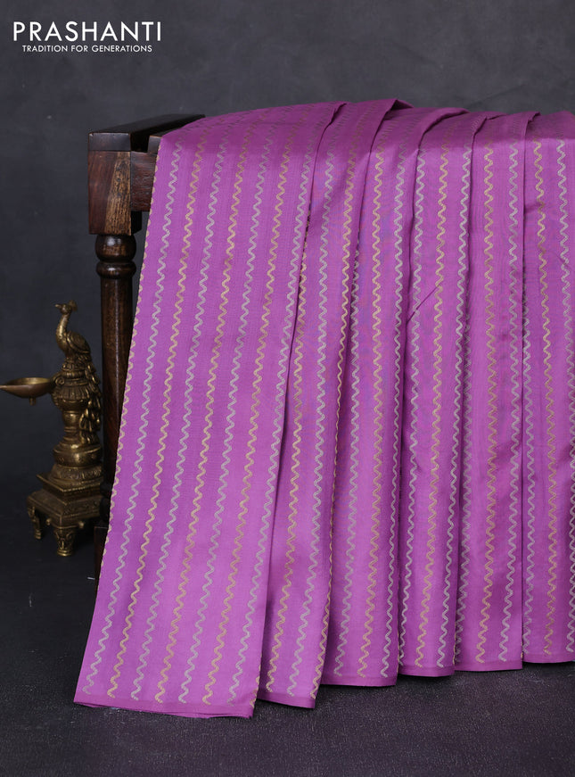 Pure kanchipuram silk saree lavender and teal green with allover silver & gold zari weaves in borderless style
