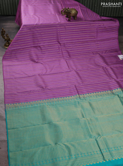 Pure kanchipuram silk saree lavender and teal green with allover silver & gold zari weaves in borderless style
