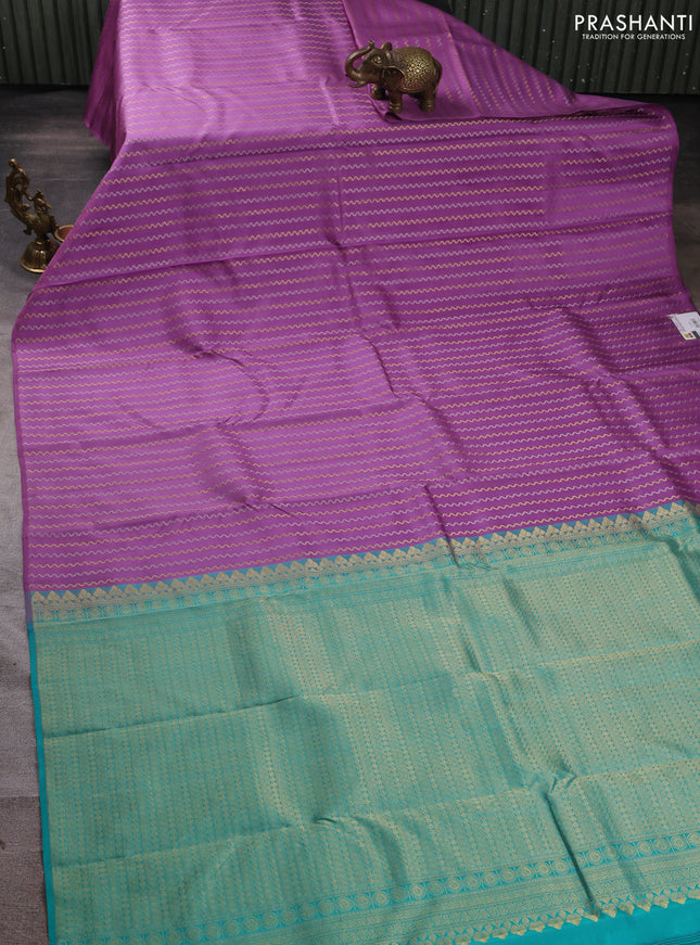Pure kanchipuram silk saree lavender and teal green with allover silver & gold zari weaves in borderless style
