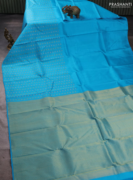 Pure kanchipuram silk saree light blue with half & half style and long zari woven border