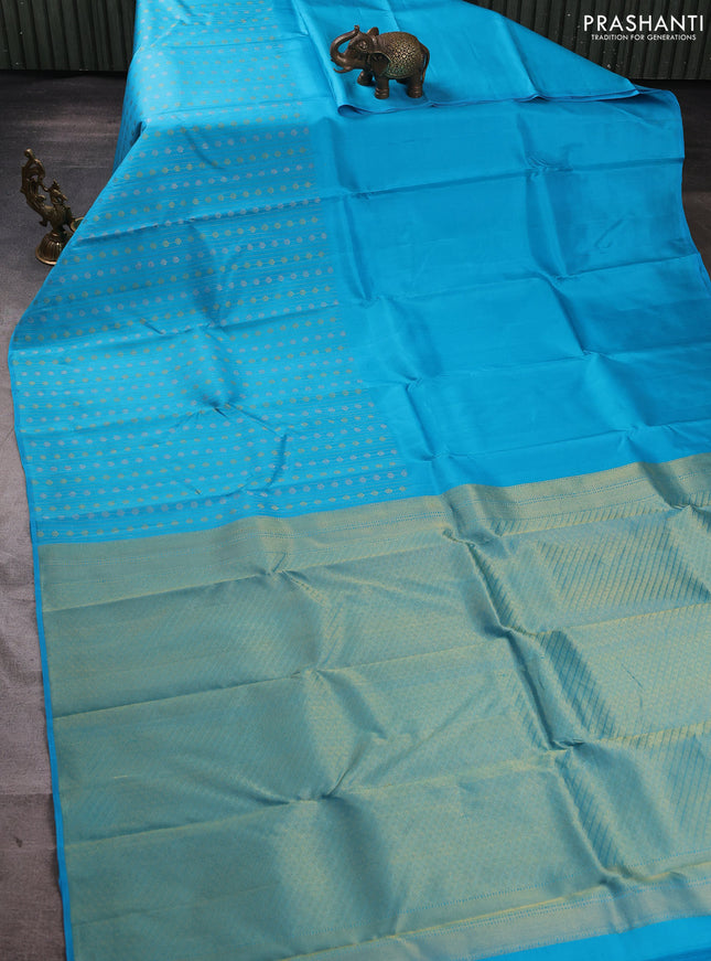 Pure kanchipuram silk saree light blue with half & half style and long zari woven border