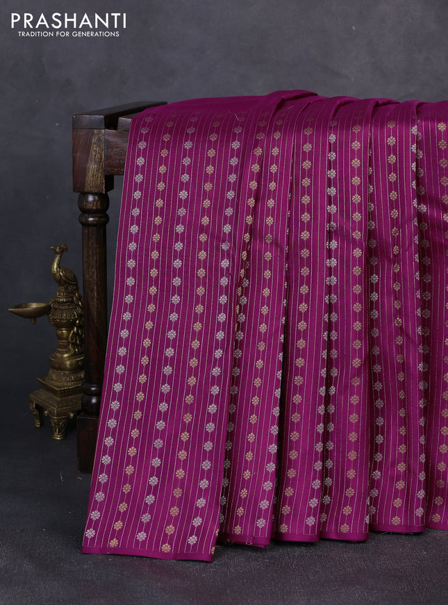 Pure kanchipuram silk saree dark magenta pink with half & half style and long zari woven border