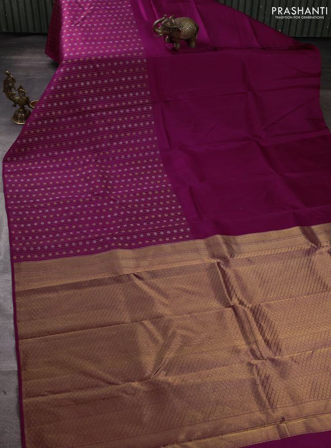 Pure kanchipuram silk saree dark magenta pink with half & half style and long zari woven border