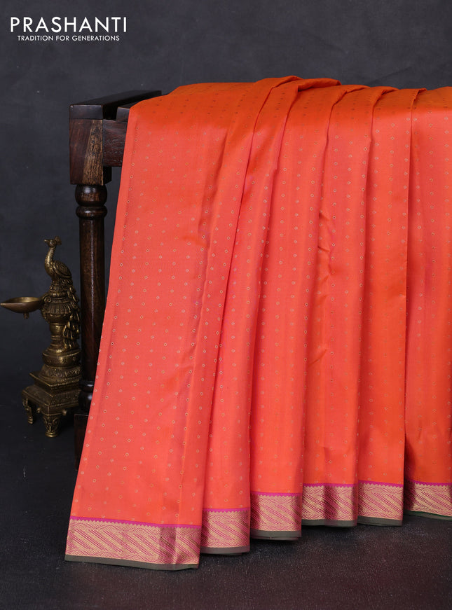 Pure kanchipuram silk saree orange and pink with allover zari woven 1000 buttas and rich zari woven border