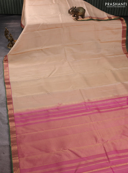 Pure kanchipuram silk saree beige and pink with allover zari woven 1000 buttas and rich zari woven border