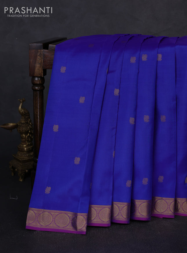 Pure kanchipuram silk saree blue and purple with zari woven annam buttas and rudhraksha zari woven border