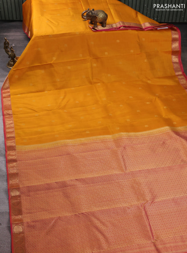 Pure kanchipuram silk saree mustard yellow and pink with zari woven annam buttas and rudhraksha zari woven border