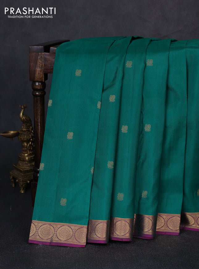 Pure kanchipuram silk saree green and purple with zari woven annam buttas and rudhraksha zari woven border