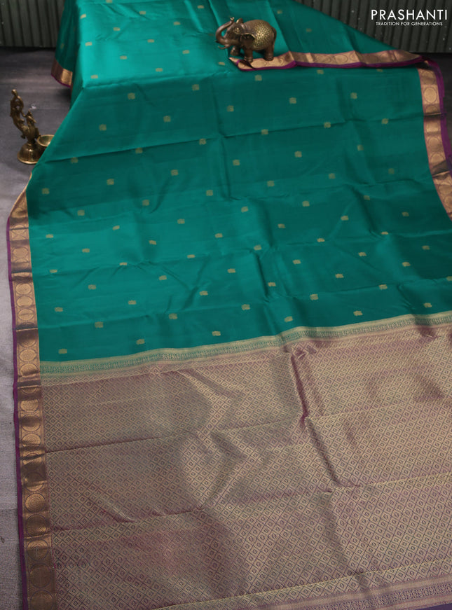 Pure kanchipuram silk saree green and purple with zari woven annam buttas and rudhraksha zari woven border