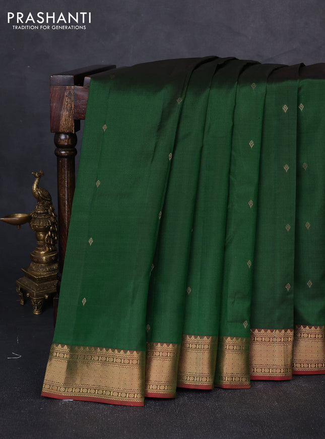 Pure kanchipuram silk saree bottle green and dual shade of greenish red with zari woven buttas and zari woven border