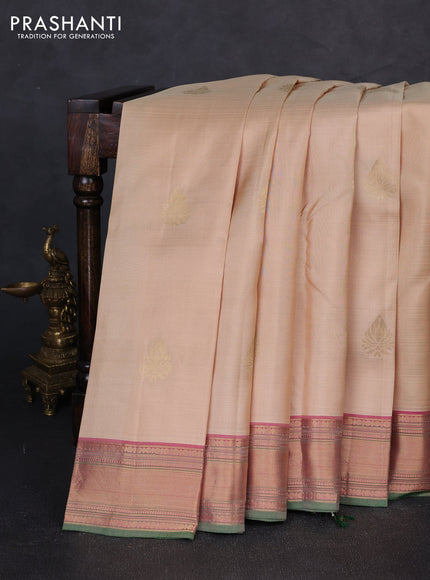 Pure kanchipuram silk saree beige and pink with zari woven buttas and rich zari woven border