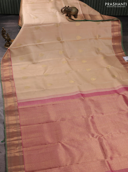 Pure kanchipuram silk saree beige and pink with zari woven buttas and rich zari woven border
