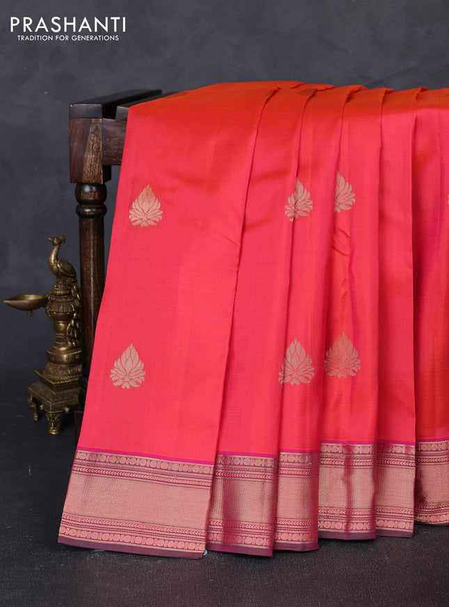 Pure kanchipuram silk saree dual shade of peach pink and pink with zari woven buttas and rich zari woven border