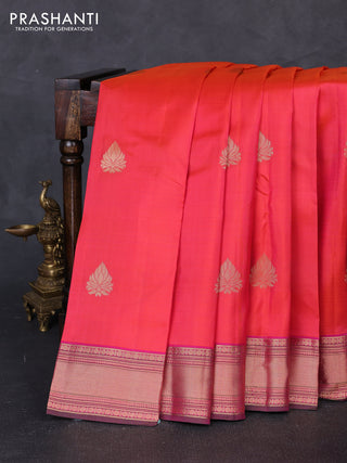 Pure kanchipuram silk saree dual shade of peach pink and pink with zari woven buttas and rich zari woven border