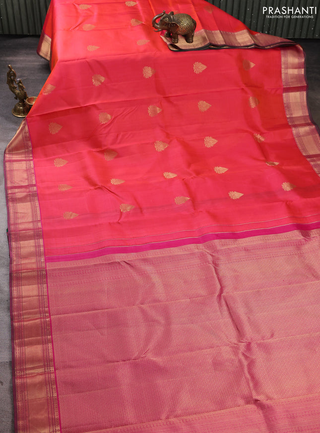 Pure kanchipuram silk saree dual shade of peach pink and pink with zari woven buttas and rich zari woven border