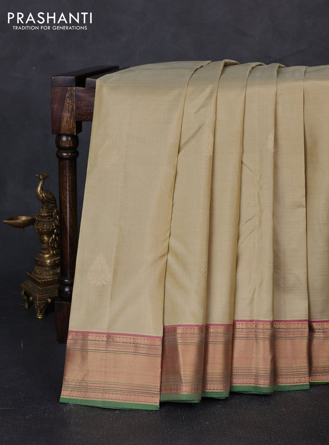 Pure kanchipuram silk saree elaichi green and dual shade of pink with zari woven buttas and rich zari woven border