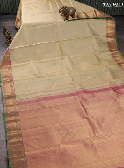Pure kanchipuram silk saree elaichi green and dual shade of pink with zari woven buttas and rich zari woven border