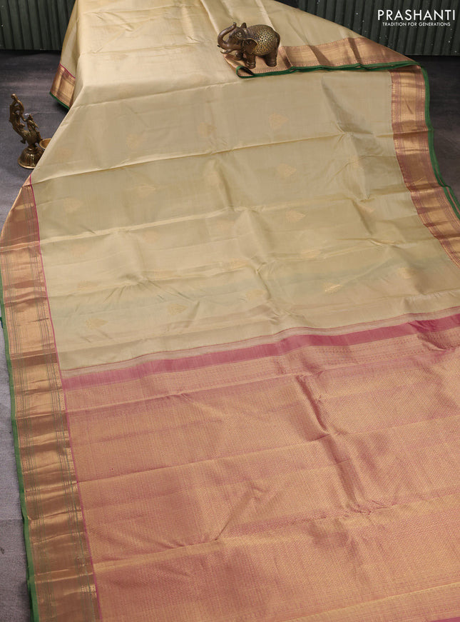 Pure kanchipuram silk saree elaichi green and dual shade of pink with zari woven buttas and rich zari woven border