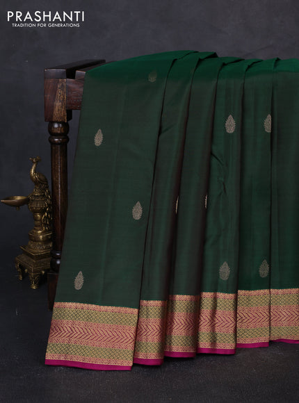 Pure kanchipuram silk saree bottle green and magenta pink with zari woven buttas and rich zari woven border