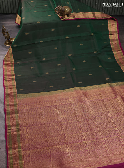 Pure kanchipuram silk saree bottle green and magenta pink with zari woven buttas and rich zari woven border